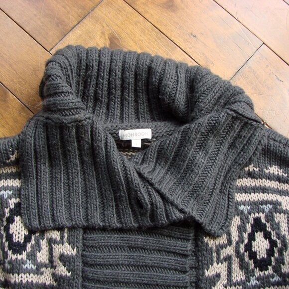 Chunky Knit Cardigan Sweater Gray Cream Aztec Pattern Wool Alpaca Blend Medium - Picture 2 of 16